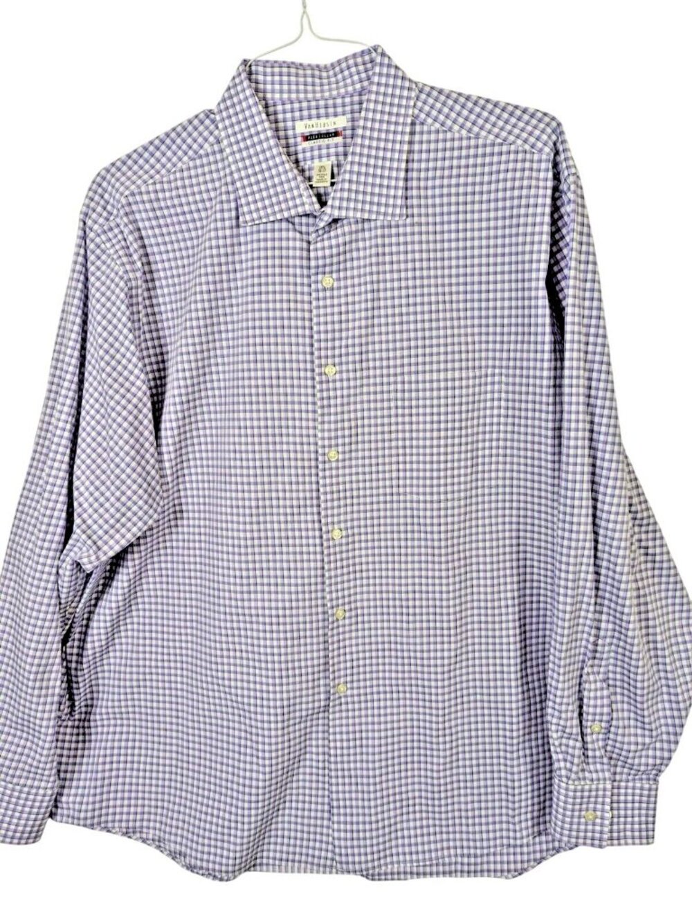 Van Heusen Shirt Men 18.5 36/37 Classic Fit Button Up Plaid Purple Office Dress